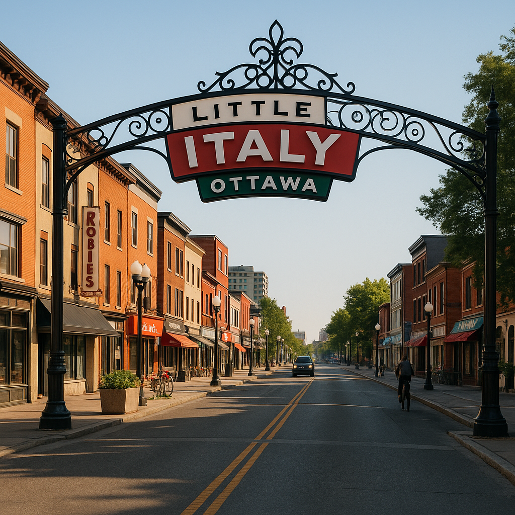 Little Italy Ottawa. Ottawa Realtor, Anna Alemi Real Estate Team. The iconic Little Italy arch over Preston Street in Ottawa, with red-brick buildings, storefronts, and a cyclist riding under the morning light.