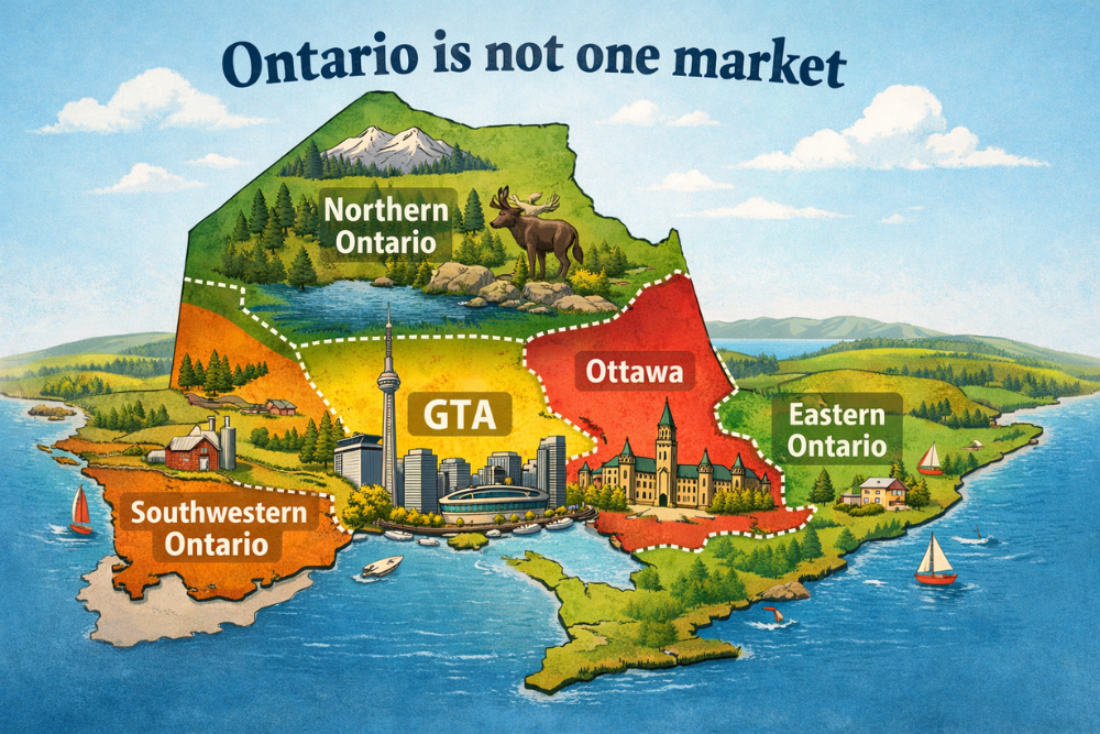 Illustration showing Ontario’s housing market regions including the GTA, Ottawa, Eastern Ontario, Northern Ontario, and Southwestern Ontario. Anna Alemi Real Estate