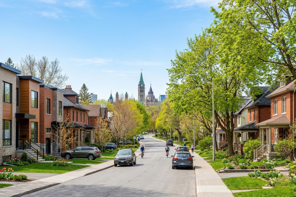 Tree-lined residential street with cars and houses in Ottawa, illustrating the ottawa housing market and suburban living in Canada’s capital.