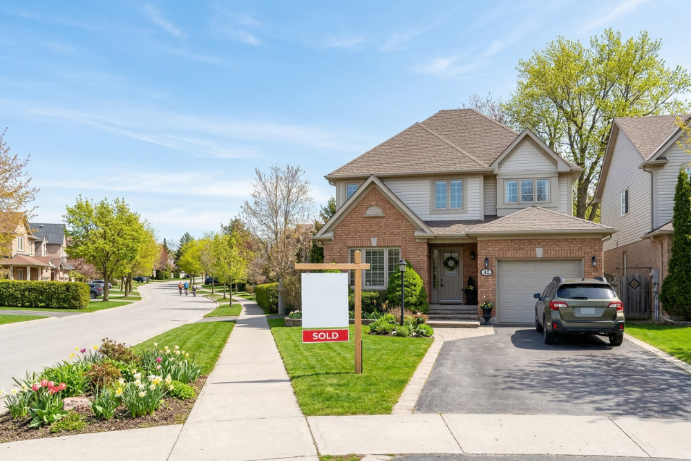 Suburban home with a real estate sign on the lawn in Ontario, representing the Ontario housing market and residential property for sale.