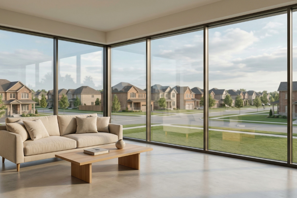 Modern living room with large windows overlooking suburban homes amid changing interest rate trends