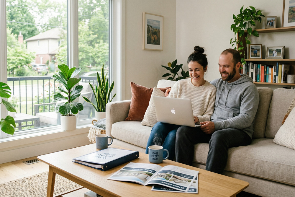 Couple sitting on a couch in a bright living room, browsing home buying options on a laptop, representing first-time homeowners exploring real estate.