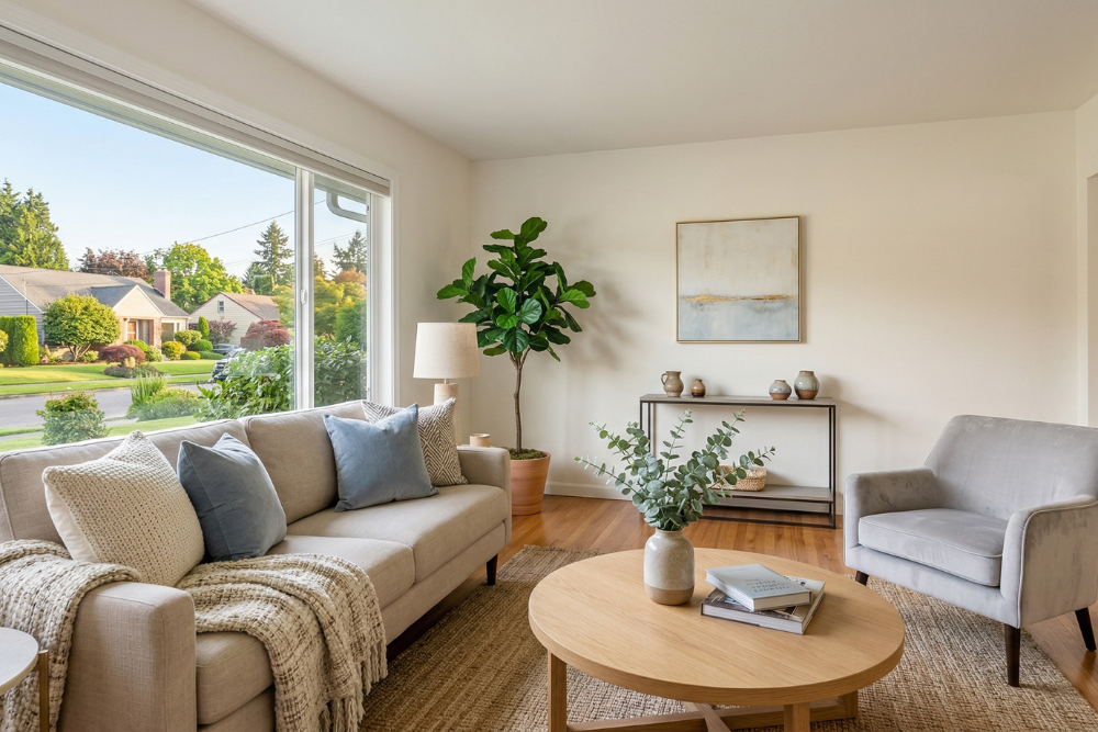 Bright and airy living room with natural light, neutral furniture, and green plants, creating a cozy and welcoming atmosphere in an Ottawa home for sale.