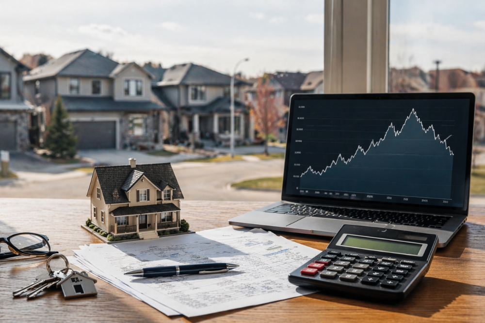 Mini house model beside documents, calculator, keys, and laptop showing housing market trends in a suburban home setting