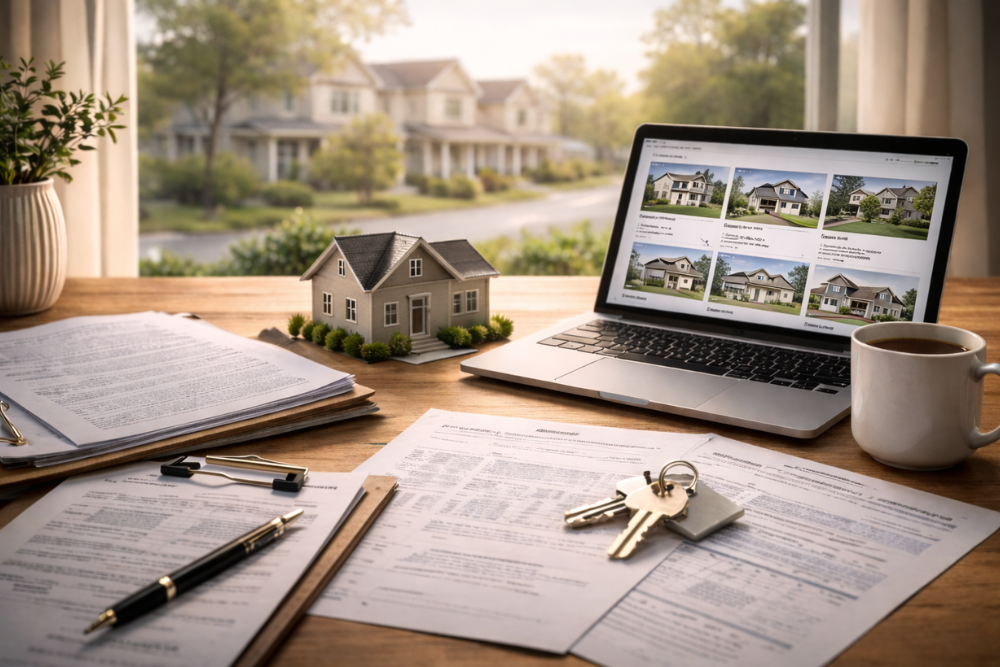 Real estate documents, house model, keys, and laptop with home listings representing Ottawa housing market conditions in 2026