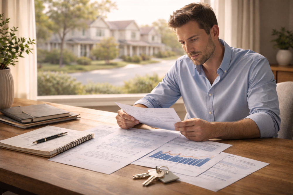 Homeowner reviewing housing market documents at a table with keys and market charts, representing Ontario housing market trends in 2026