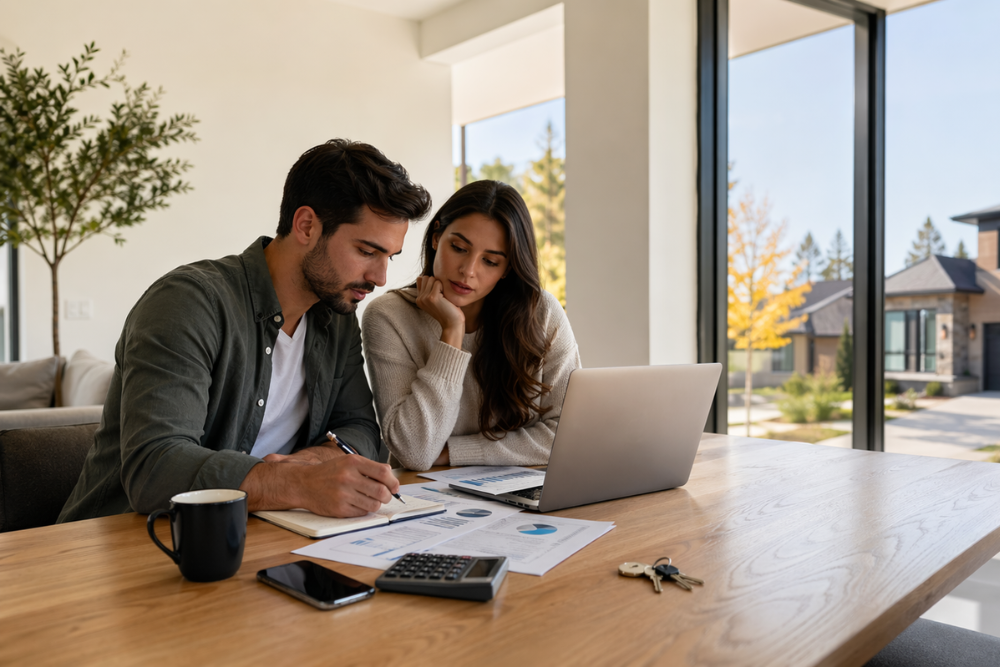 Couple reviewing finances and mortgage documents at home with laptop and calculator, planning home purchase during interest rate drop in Canada