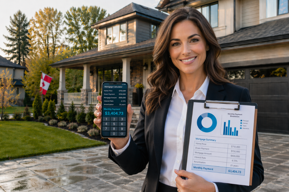 Real estate agent holding mortgage calculator and home affordability report in front of house in Canada, helping buyers understand how much house they can afford