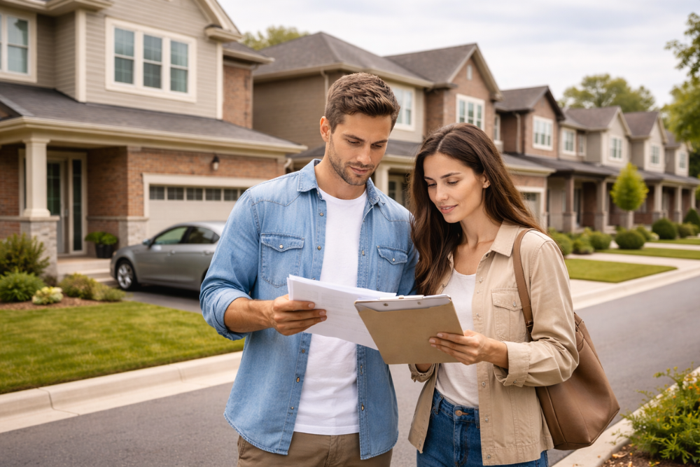 Couple reviewing housing plan together outside a suburban house, discussing their next real estate decision