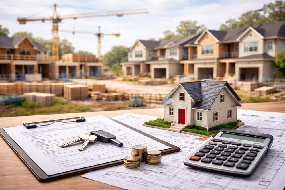 Housing development with model homes, keys, calculator, and coins representing housing costs and affordability