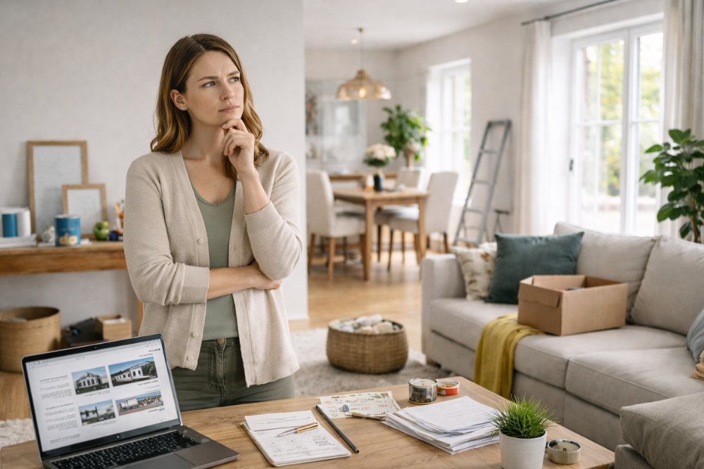 Seller Mistakes to Avoid Before Listing Your Home | Anna Alemi Real Estate Seller preparing her home before listing it for sale, reviewing paperwork and property details in a bright living room