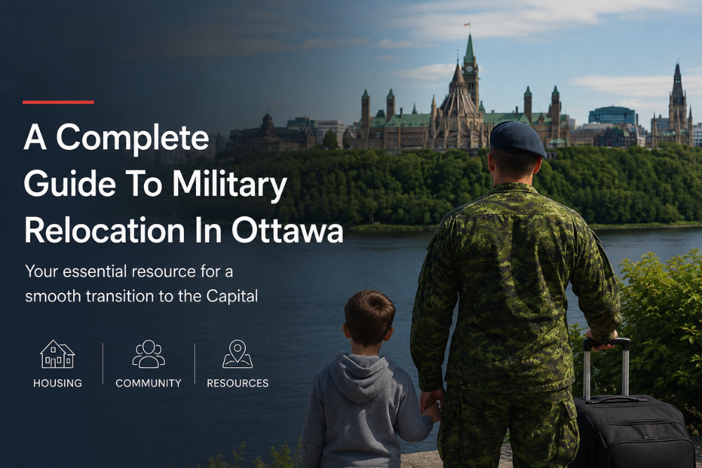 Canadian military family relocating to Ottawa, overlooking Parliament Hill and the Ottawa River, featured in a guide about military relocation, housing, community resources, and moving to Canada’s capital.