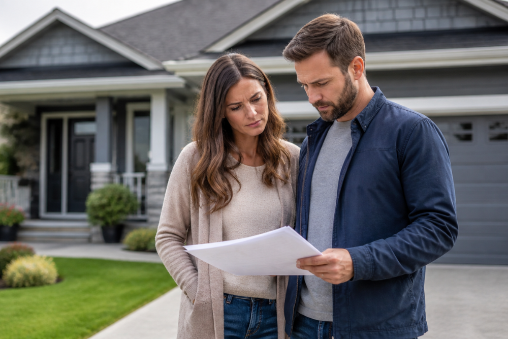 Couple reviewing home documents outside a house, representing buyer decision-making in Canada’s 2026 housing market