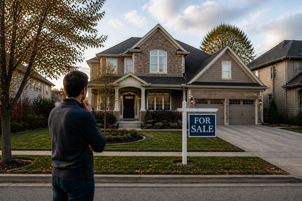 Person standing in front of a house for sale, analyzing property options in Ontario balanced 2026 real estate market