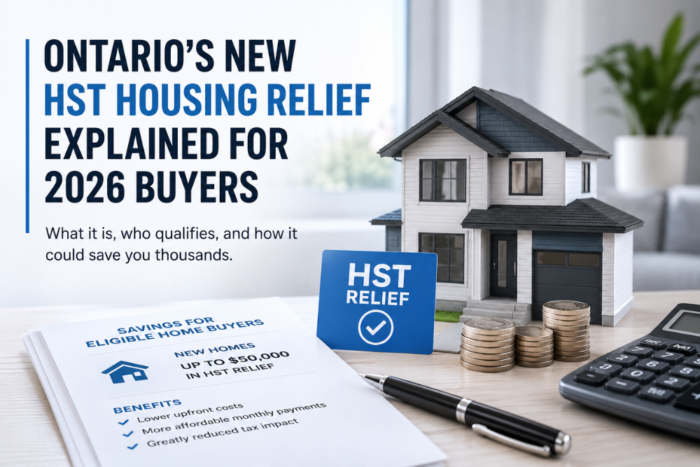 Illustration of Ontario HST housing relief program for 2026 buyers featuring a model home, savings documents, calculator, and tax rebate concept for new home purchases in Ontario.