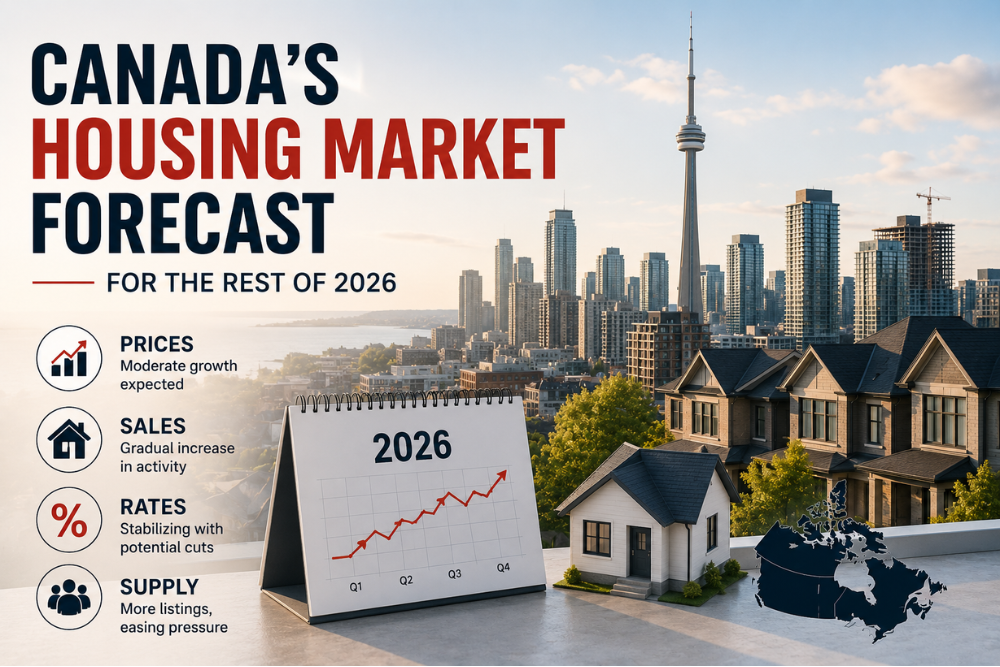 Canadian housing market forecast graphic for 2026 featuring Toronto skyline, residential homes, interest rate trends, home price outlook, and national real estate market projections across Canada.