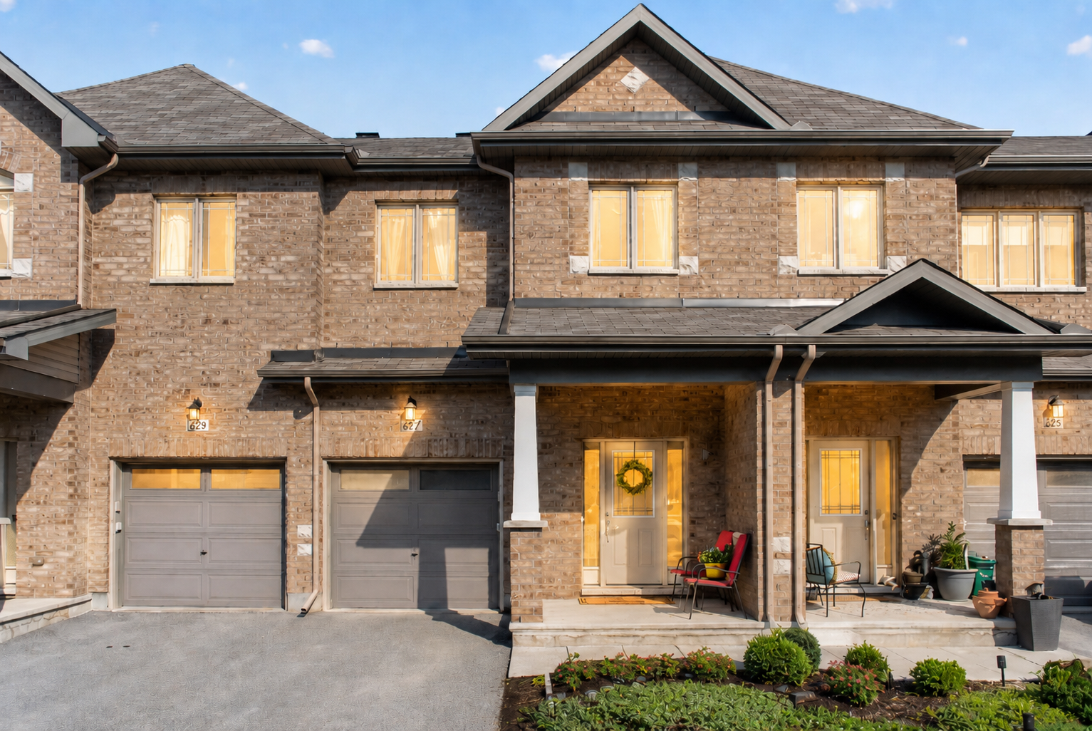Front exterior of a modern detached family home on Via Campanale with attached garage, covered entryway, and landscaped front yard at dusk.