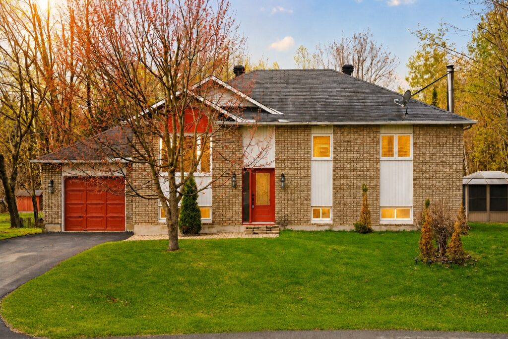 Modern detached family home in Forest Hill with private backyard oasis, forest views, and spacious driveway at sunset.