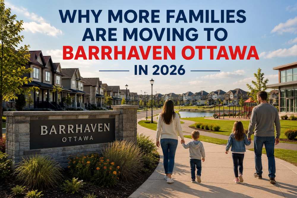 Family walking through a modern Barrhaven Ottawa neighbourhood with suburban homes, parks, and community spaces, featured in a 2026 guide about why more families are moving to Barrhaven.