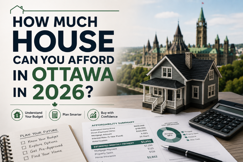 Featured image titled “How Much House Can You Afford in Ottawa in 2026?” showing a model home, calculator, affordability report, and Parliament Hill in the background, representing mortgage affordability, budgeting, and home buying in Ottawa.