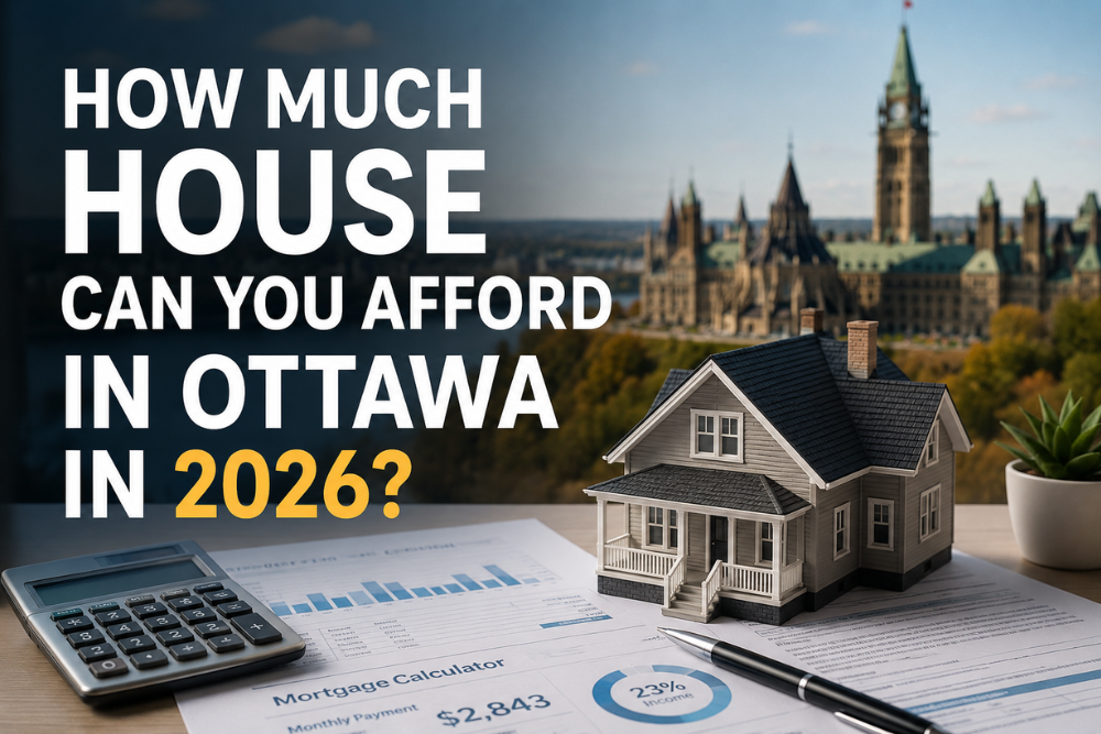 Thumbnail image reading “How Much House Can You Afford in Ottawa in 2026?” with a model house, calculator, mortgage documents, and Ottawa Parliament buildings in the background, illustrating home affordability and mortgage planning in Ottawa.