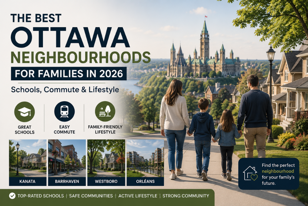 Featured image titled “The Best Ottawa Neighbourhoods for Families in 2026” showing a family walking through a residential community with Parliament Hill in the background, highlighting family-friendly Ottawa neighbourhoods, top schools, easy commutes, and lifestyle amenities in Kanata, Barrhaven, Westboro, and Orléans.