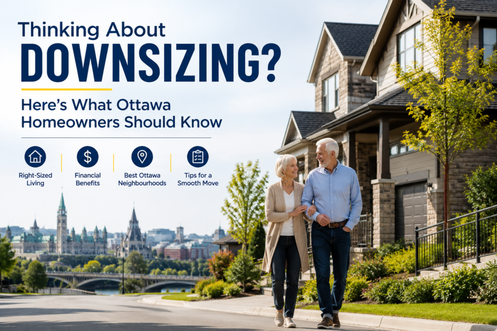 Senior couple walking through an Ottawa neighbourhood, representing downsizing in Ottawa and helping homeowners choose the right home for retirement, comfort, and low-maintenance living.