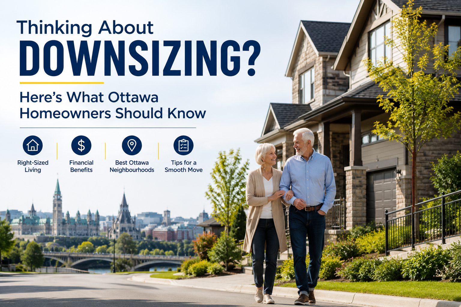 Senior couple walking through an Ottawa neighbourhood, representing downsizing in Ottawa and helping homeowners choose the right home for retirement, comfort, and low-maintenance living.