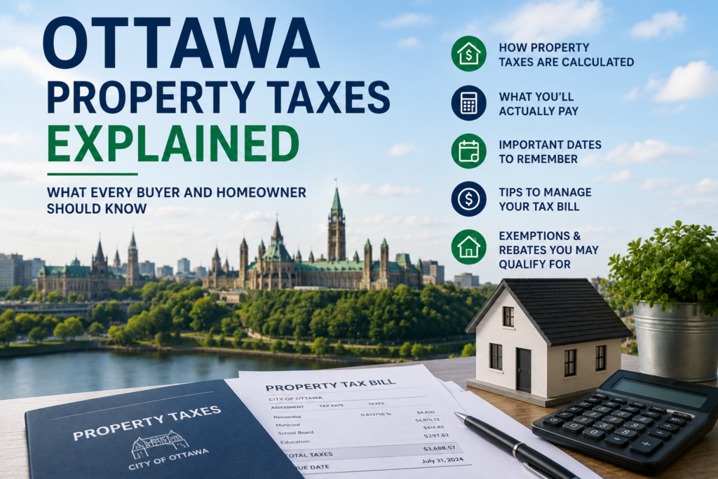 Ottawa property tax guide featuring Parliament Hill, a property tax bill, calculator, and model home, explaining how property taxes work for Ottawa home buyers and homeowners.