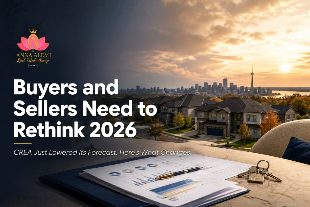Canada housing forecast with residential neighborhood, skyline, and housing market report
