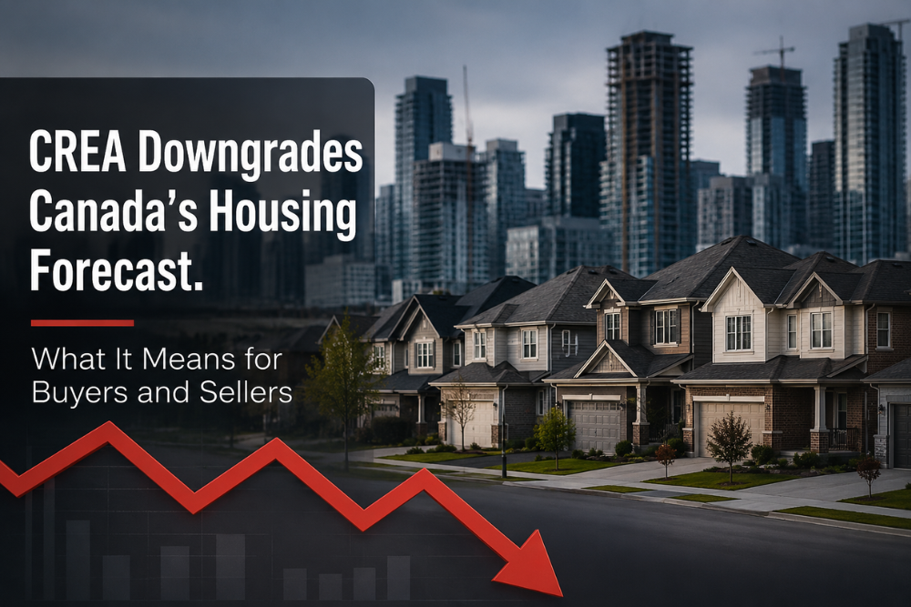 Canadian suburban homes with a declining housing market graph, illustrating CREA's downgraded Canada housing forecast and what slower home sales and price growth mean for buyers and sellers in 2026.