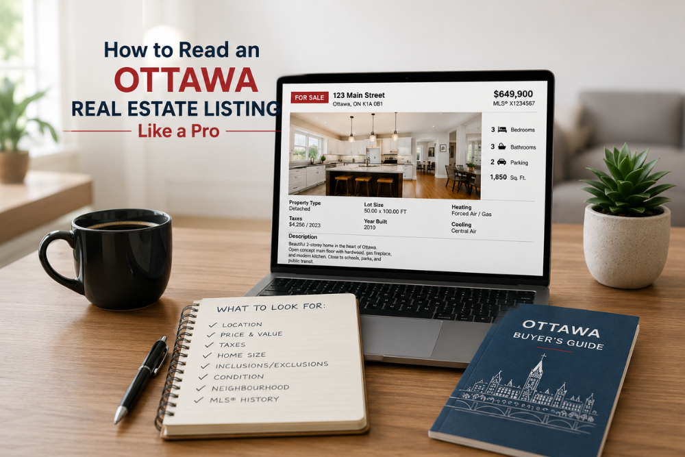Ottawa real estate listing displayed on a laptop showing key home details, with an Ottawa buyer's guide and home buying checklist, illustrating how to read an Ottawa real estate listing like a pro.