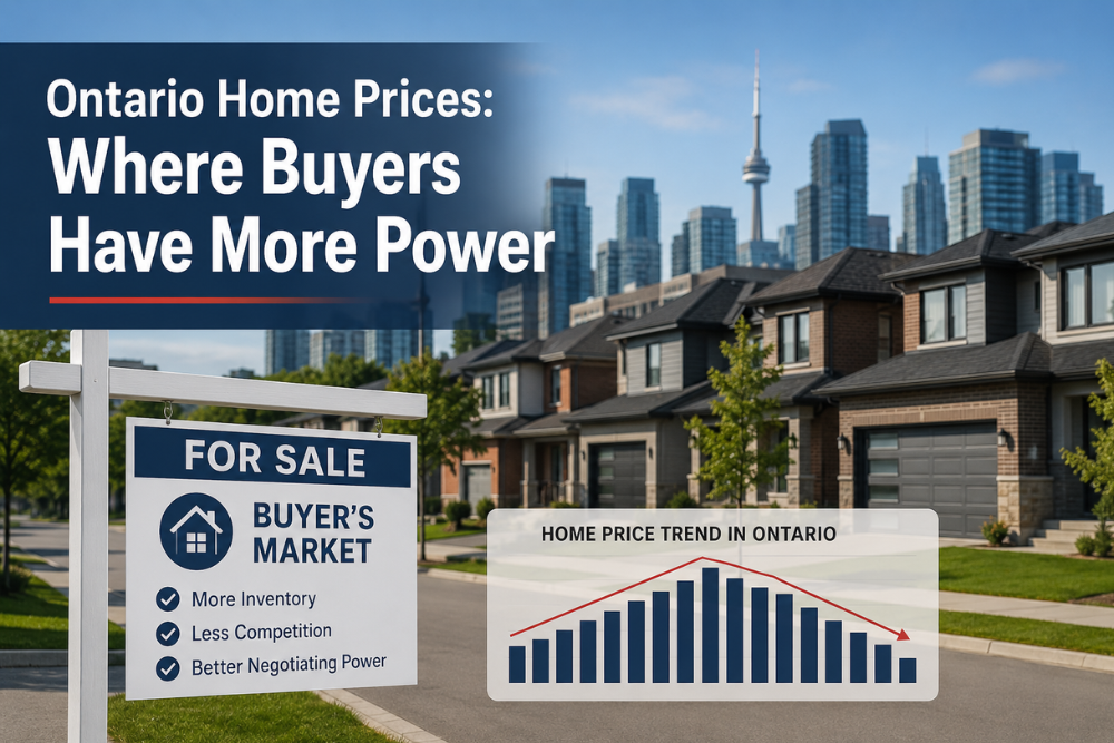Ontario homes for sale with a for sale sign in a buyer's market, illustrating Ontario home prices, increased housing inventory, lower competition, and stronger negotiating power for home buyers in 2026.