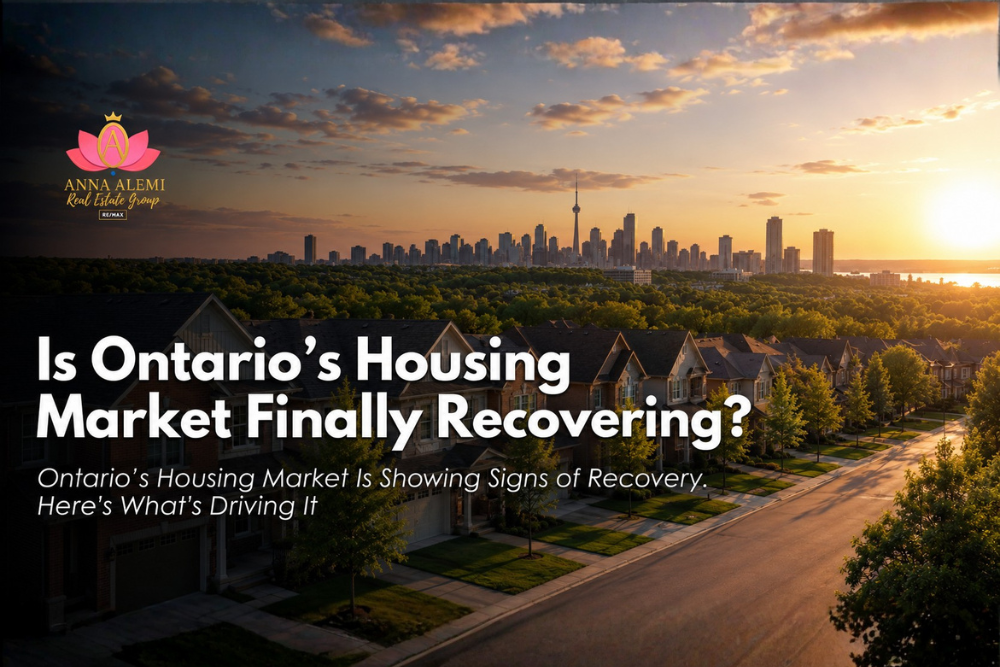Ontario housing market recovery with suburban homes and city skyline at sunset