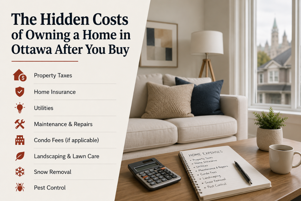 the-hidden-costs-of-owning-a-home-in-ottawa-after-you-buy Hidden costs of owning a home in Ottawa after you buy, featuring a modern living room with a calculator, home expenses checklist, and icons for property taxes, home insurance, utilities, maintenance, condo fees, landscaping, snow removal, and pest control.