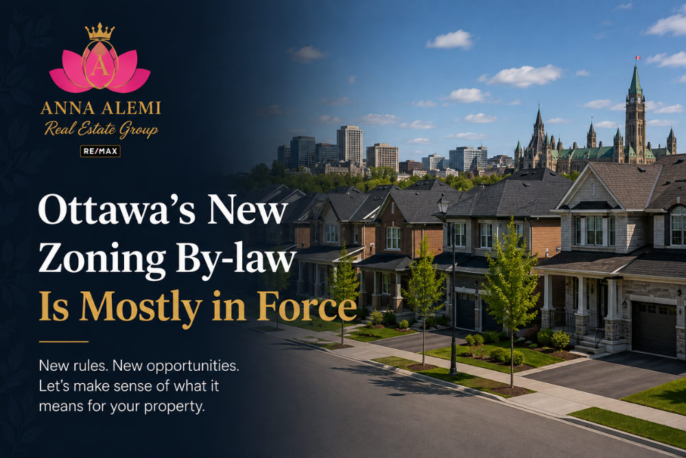 Ottawa residential neighbourhood with modern homes in the foreground and the city skyline and Parliament buildings in the distance. Text reads “Ottawa’s New Zoning By-law Is Mostly in Force,” with the Anna Alemi Real Estate Group logo and a message about what the new rules mean for property owners.