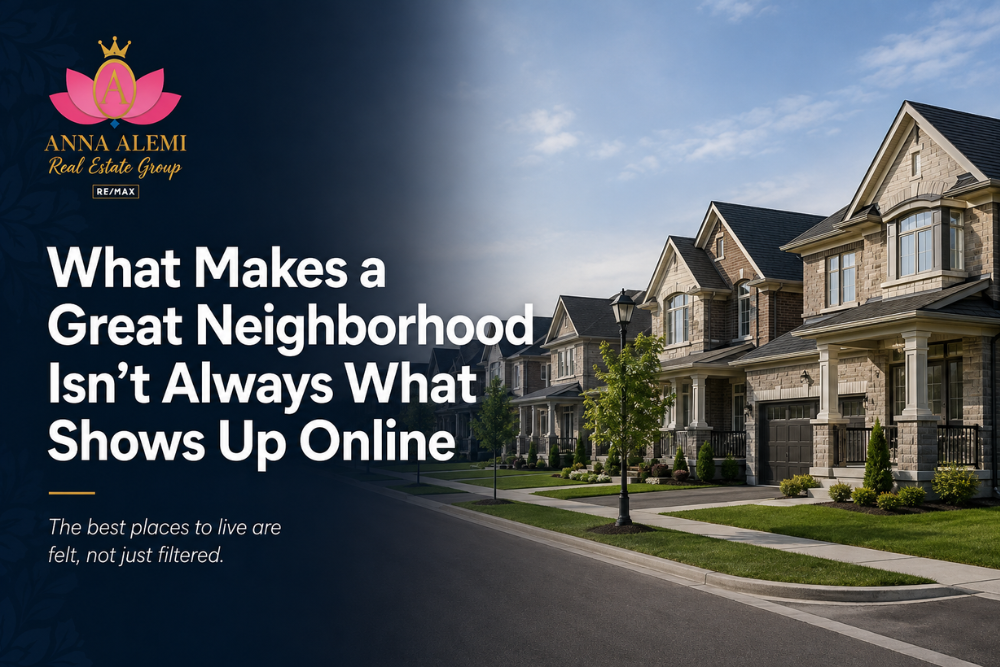 “Beautiful residential neighborhood with modern homes, highlighting what makes a great neighborhood beyond what home buyers see online.”